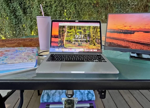 New Orleans digital nomad set up in an Airbnb's back covered deck