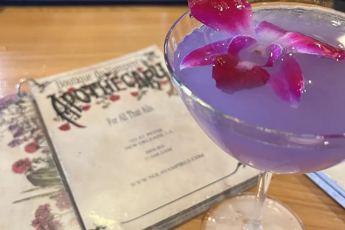 The Apothecary New Orleans color-changing cocktail and menu