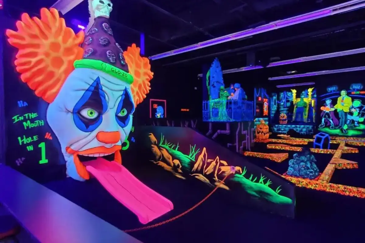 Clown hole at the Monster Mini Golf Charlotte with black lights