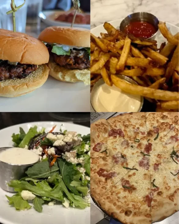 Collage of the food offered at Puttery including pizza, salad, burgers and french fries