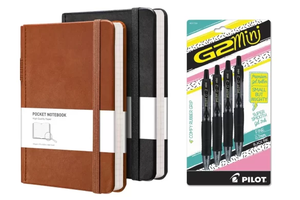 Mini notebooks and pens, for documenting travels