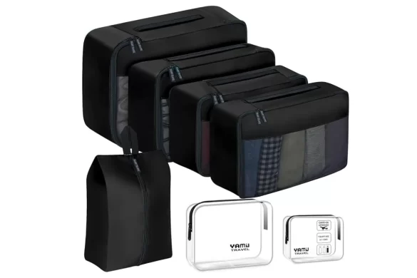 Black set of packing cubes as well as spill proof liquid bags for luggage and traveling