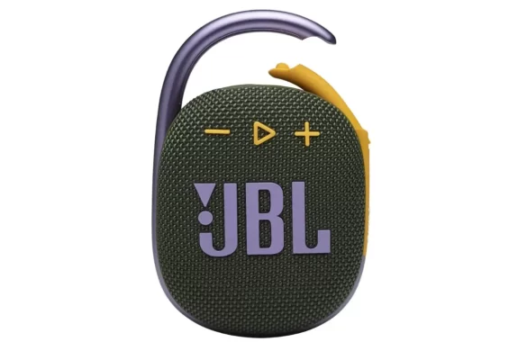 JBL Clip 4 speaker, which clips onto your bag or backpack and is waterproof. This speaker is great for long-term travel and digital nomads because of how compact it is