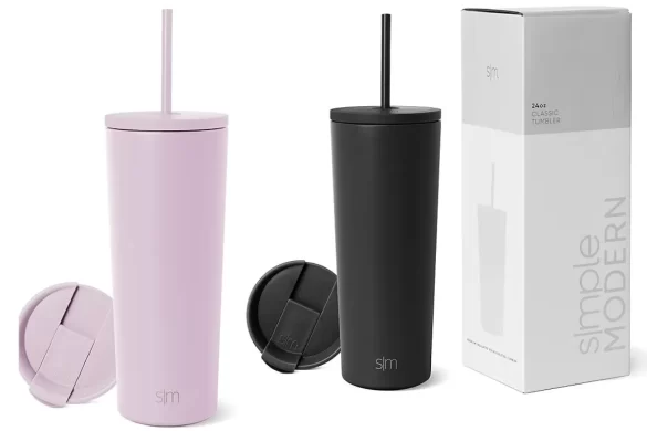 Simple Modern 28oz black and purple reusable water bottles with straws