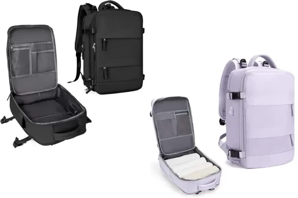 Digital nomad backpacks in black and purple, with anti-theft protection, lots of pockets, waterproofing and more making it the best on the market