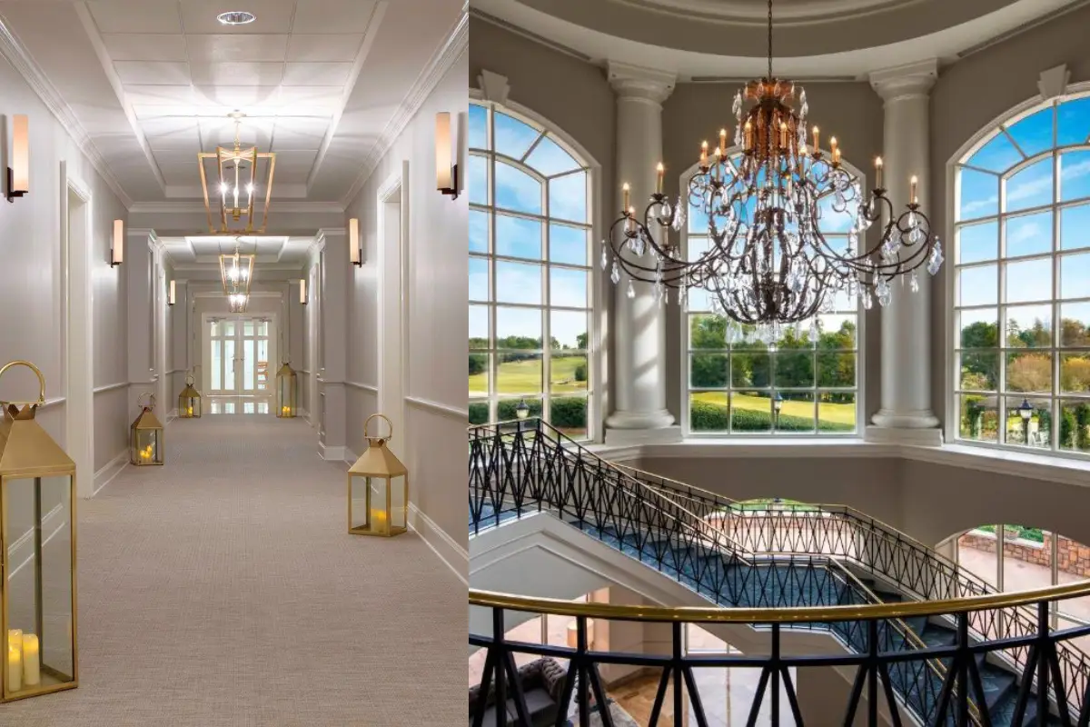 The treatment hallways and beautiful atrium and staircase at the Ballantyne Resort, which is one of the most romantic things to do in Charlotte NC