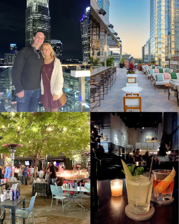 Charlotte's rooftop bars and cocktail bars being depicted through several photos, to show that it is one of the best things to do for couples in Charlotte NC. The places shown are Idlewood, Nuvole Rooftop, Aura Rooftop