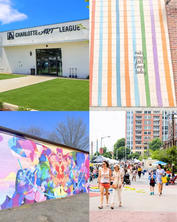 A collage displaying Charlotte's art scene including murals, Charlotte Art League and The Independent theatre