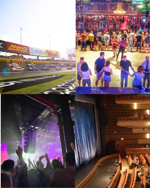 The Charlotte live entertainment scene, including the Charlotte Motor Speedway, Coyote Joe's line dancing, Fillmore Charlotte aand the Blumenthal Performing Arts Center