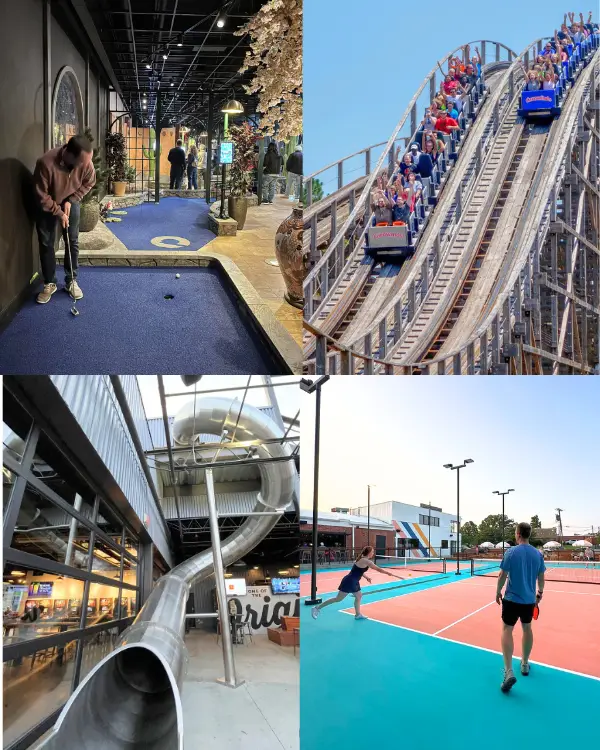 Fun things to do in Charlotte for couples image collage, which includes Puttery Charlotte, Pins Mechanical Co, Rally Pickleball and Carowinds