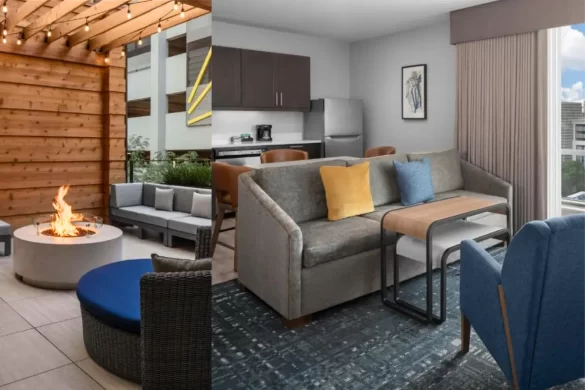 The terrace and fire pit and a spacious suite-style room at the Homewood Suites First Ward Park