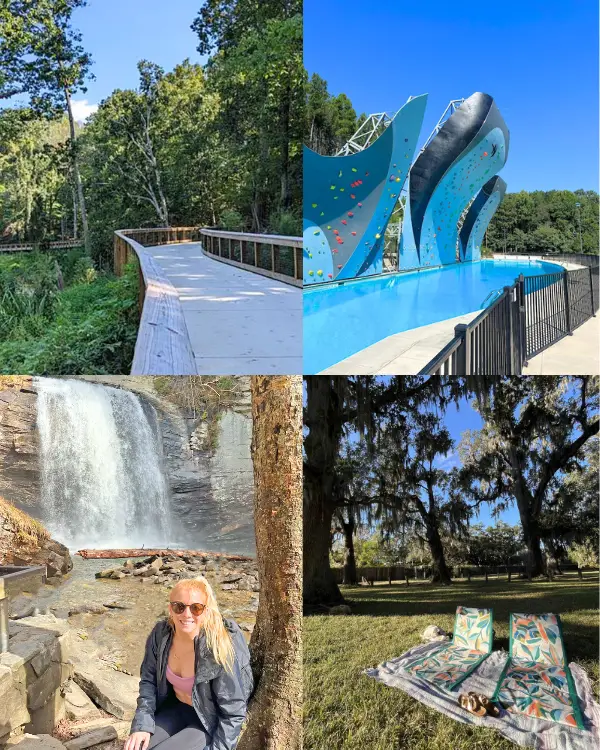 A collage showing the best outdoor things to do in Charlotte NC for couples including the Whitewater Center, Looking Glass Falls, the Little Sugar Park Greenway and a picnic at one of the Charlotte city parks