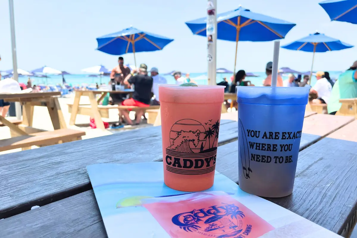 Two frozen drinks on a picnic table at Caddy's Treasure Island restaurant