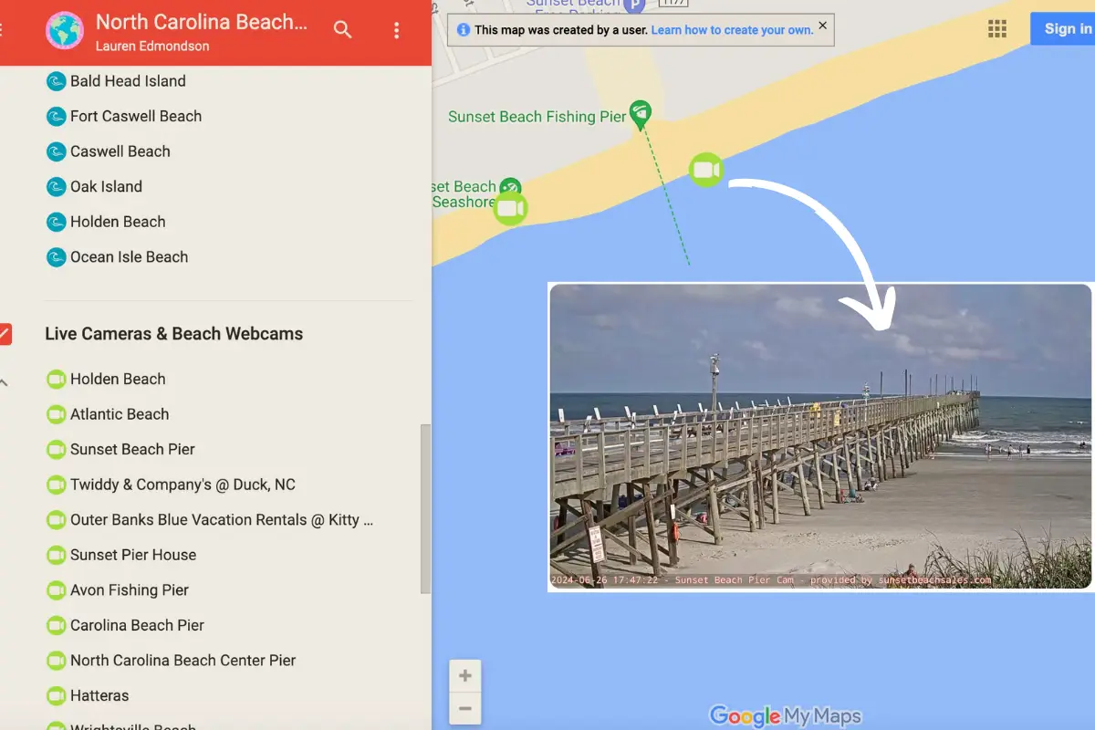 Screenshot of this North Carolina Beaches Map showing how you can view beach live cameras