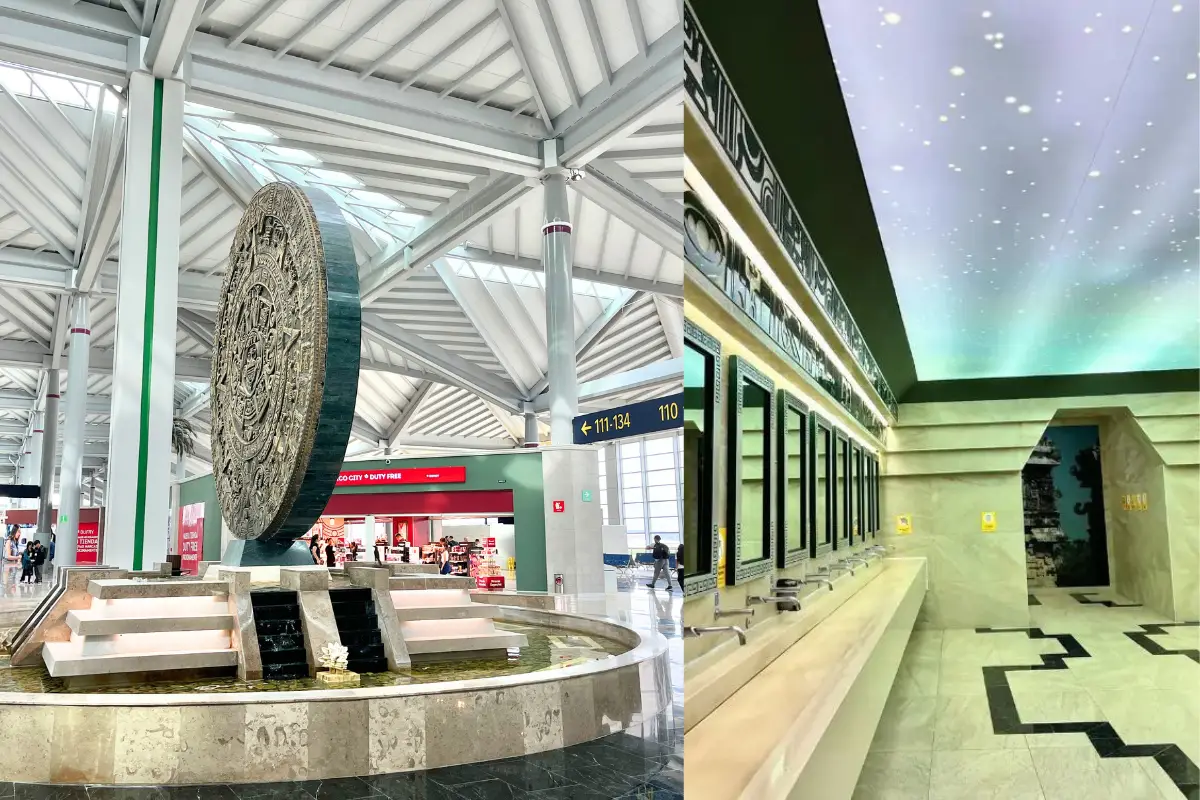 NLU airport blog cover image, which shows a fountain and themed bathroom within the facility