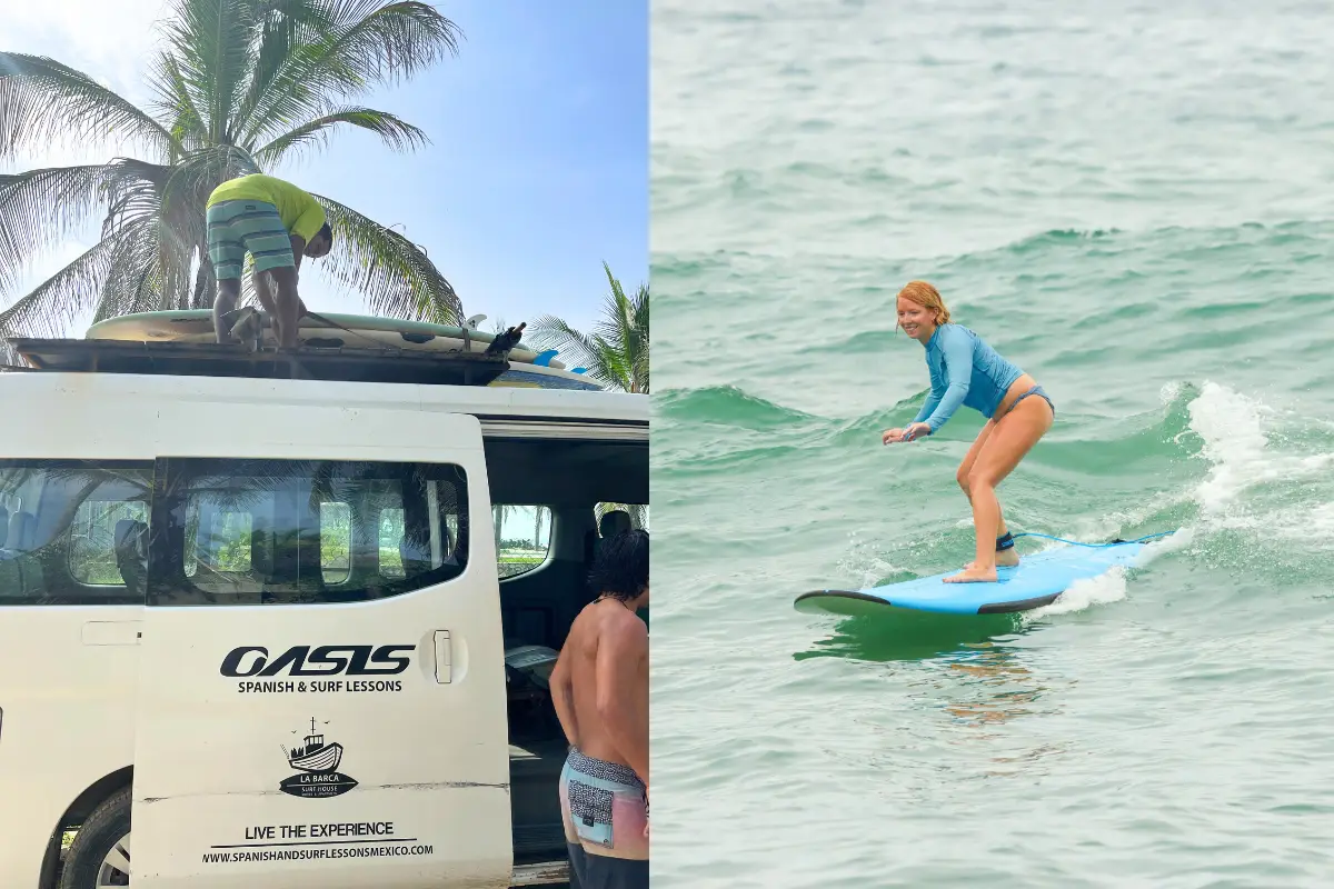 Oasis Surf Camp review cover image, which shows Lauren Edmondson of Inspired Backpacker standing up on a surfboard at sea and the Oasis Surf Camp van