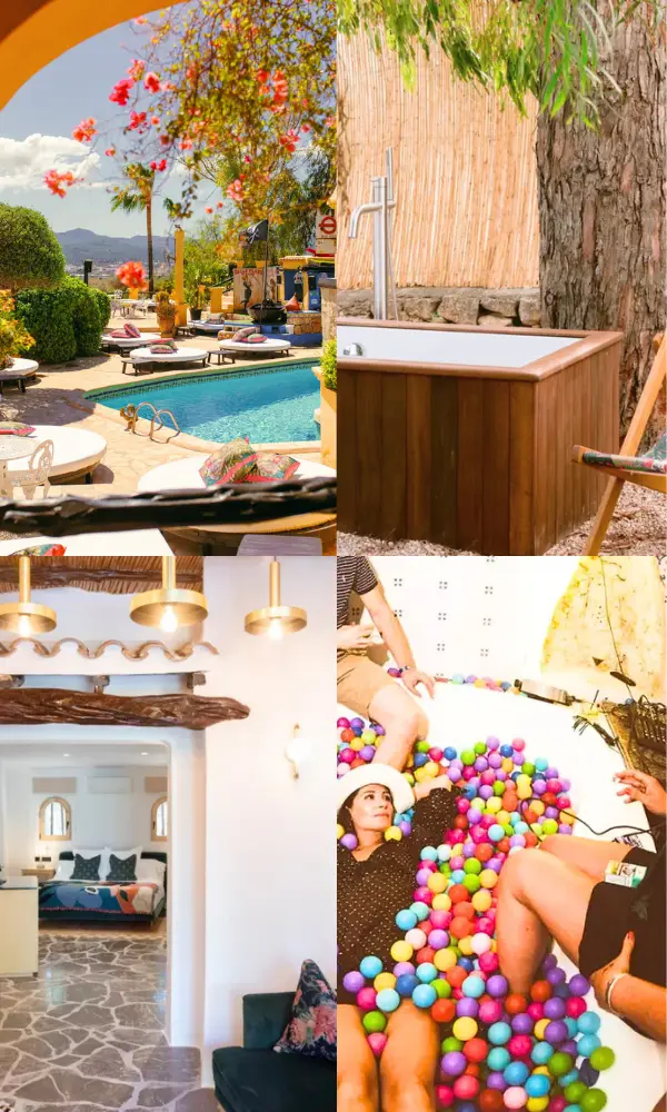 Photo collage of PIkes hotel including an image of the beautiful pool deck, rooms, garden bath tub and bathroom ball pit