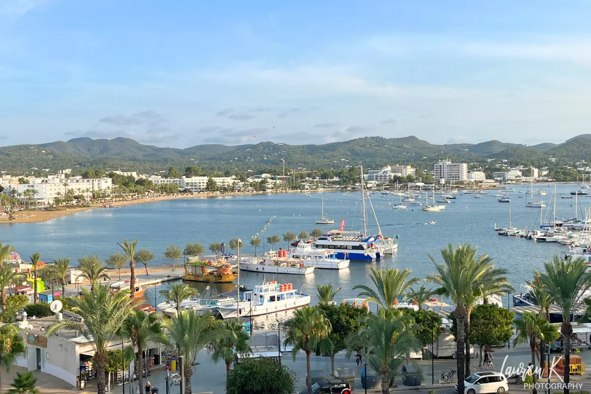 An aerial shot of San Antonio Ibiza, which is the best area to stay in Ibiza for budget travelers