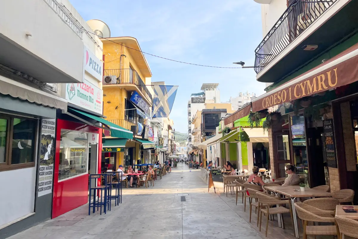 A street view of a few of the Ibiza bars in San Antonio, including mainly Irish pubs