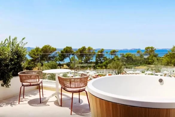 Private rooftop sun deck with jacuzzi overlooking the ocean at TRS Ibiza