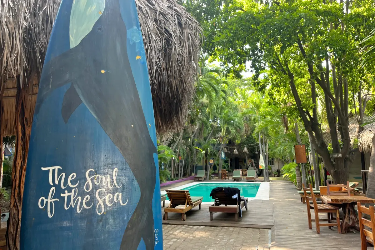 A surf board with the Selina pool area in the background, with tall palm trees overhead 