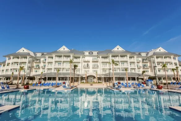 The Beach Club on a sunny day at the Charleston Harbor Resort & Marina, which is where to stay in Charleston SC for a luxury stay on the water near downtown