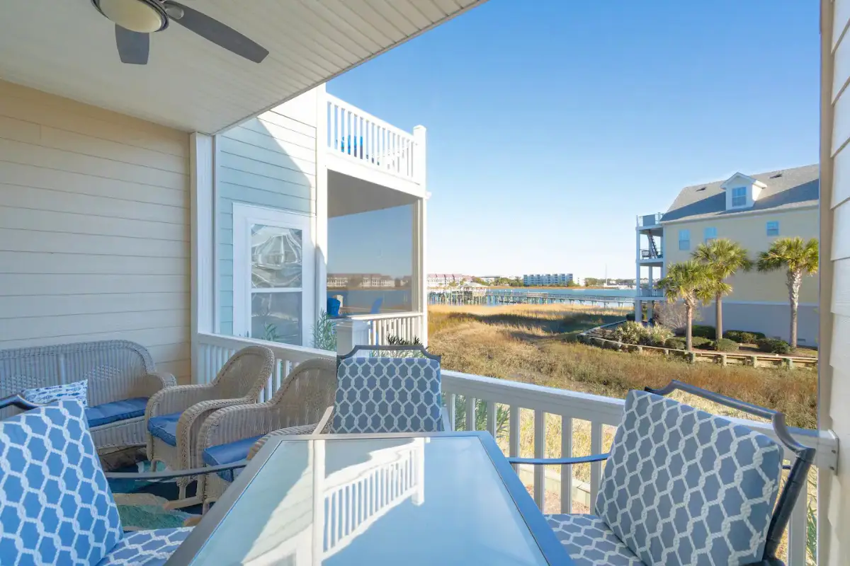 Back deck of a 3-bedroom Airbnb overlooking the bay in Folly Beach