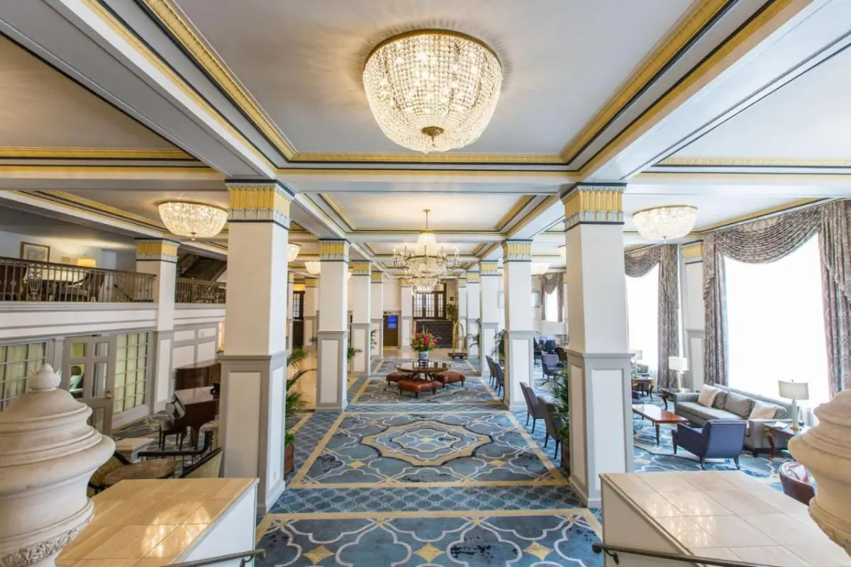 The historic Francis Marion hotel lobby, which is a great option for where to stay in Charleston SC