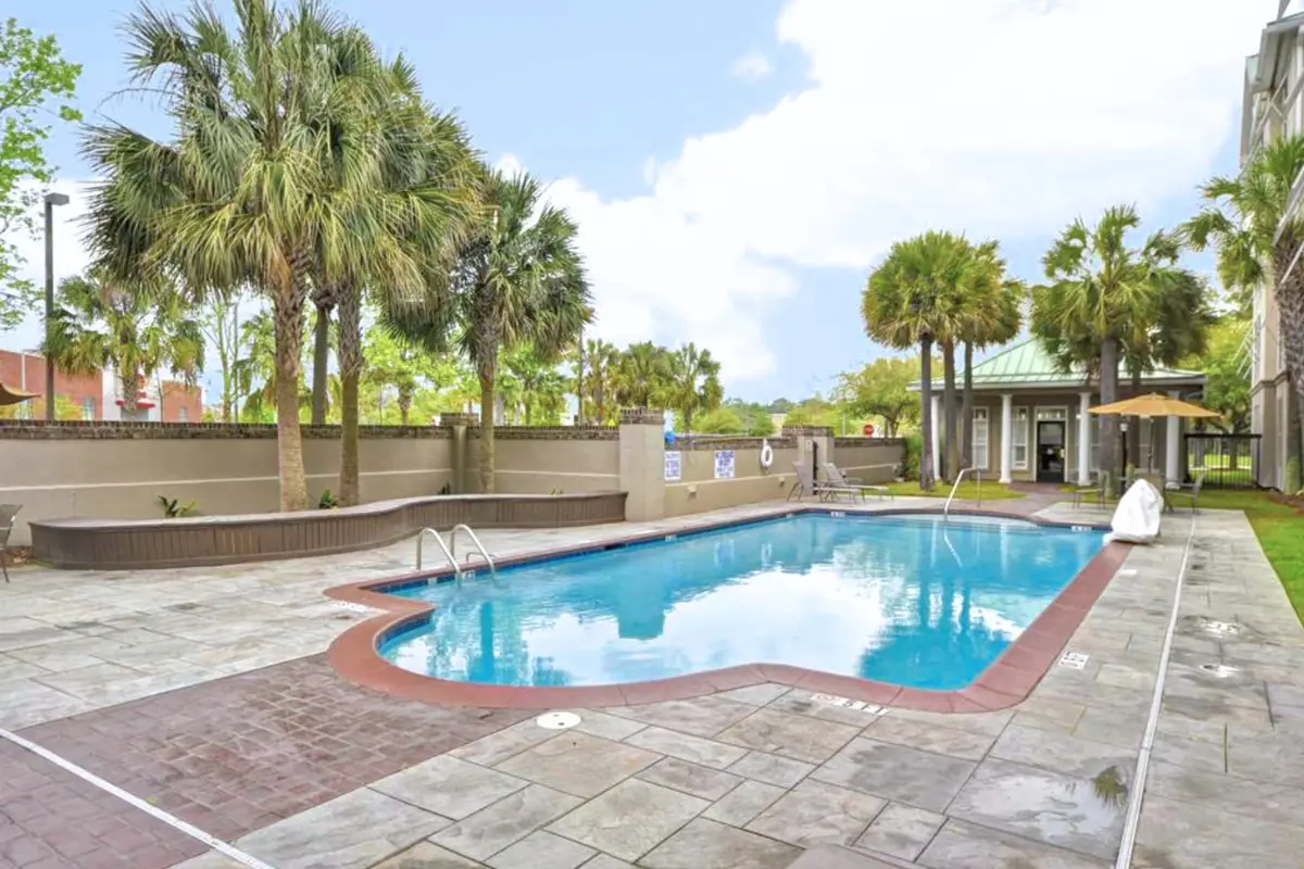 Medium sized pool under a sunny sky with palm trees surrounding it at the Hampton Inn & Suites