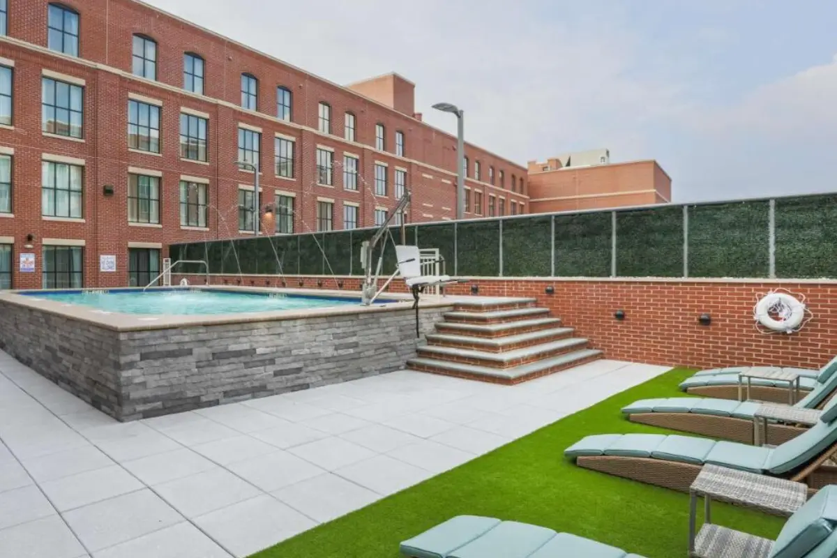 The small heated saltwater pool at the Homewood Suites in Downtown Charleston SC, which is a great place to stay for moderate budgets