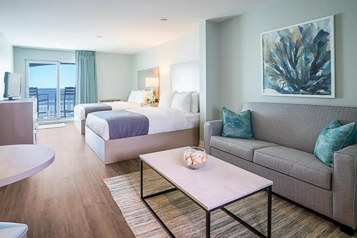 An oceanfront guest room at the Palms Oceanfront hotel in Isle of Palms, showing it's a great option for where to stay in Charleston as a beach lover