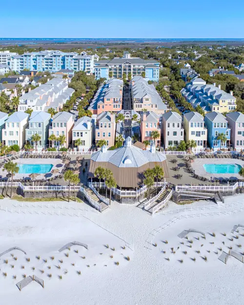 Colorful buildings on the oceanfront from an aerial view at the Wild Dunes resort