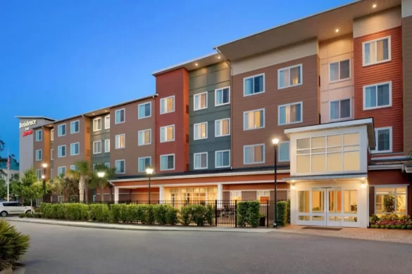 Exterior of the Residence Inn in the evening