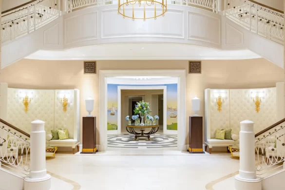 The luxurious marble interior lobby at the Hotel Bennett 