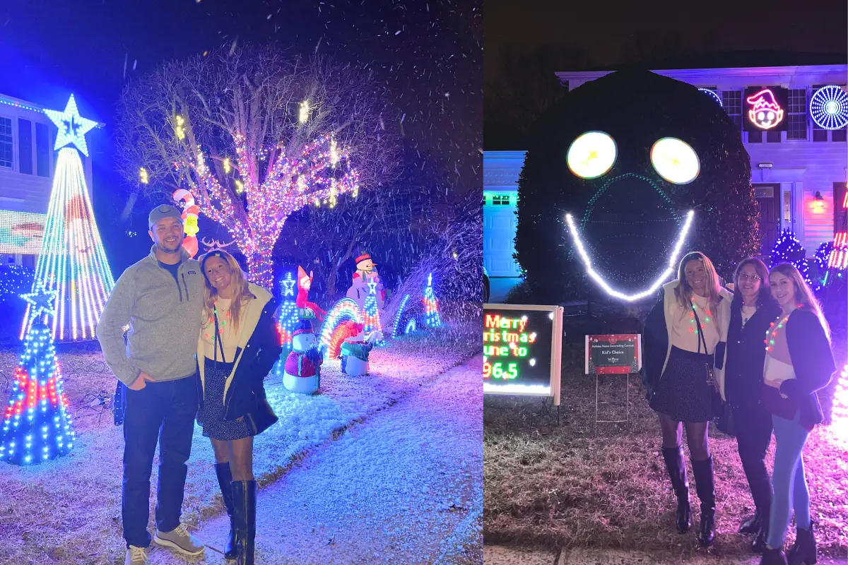 A photo collage of people standing in front of a Christmas lights display that includes fake snow, lots of lights and a giant face that sings to music on a busch