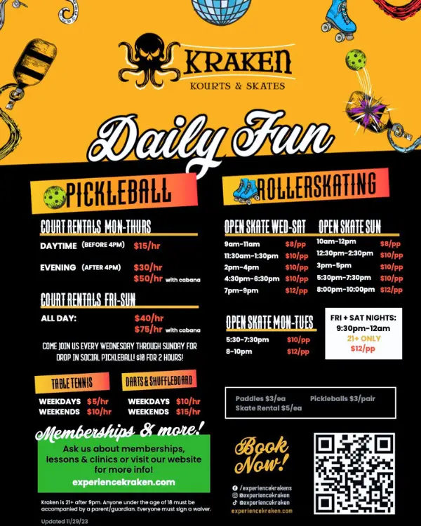 Flier from Kraken Courts & Skates with information on pricing based on the time and day you go