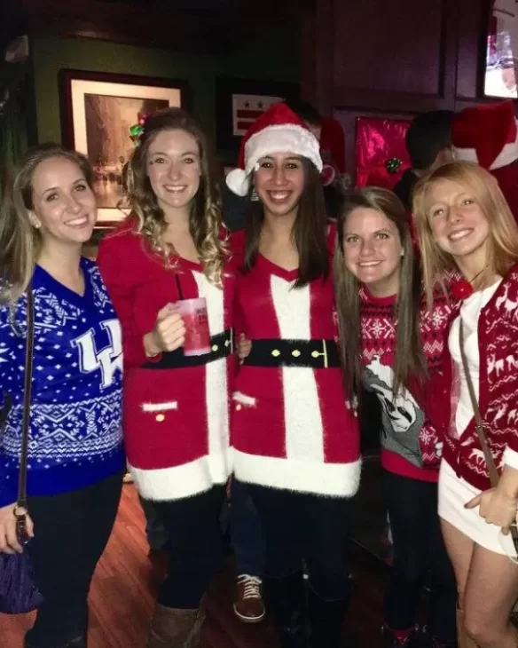 A group of 5 girls dressed up for a Christmas bar crawl 