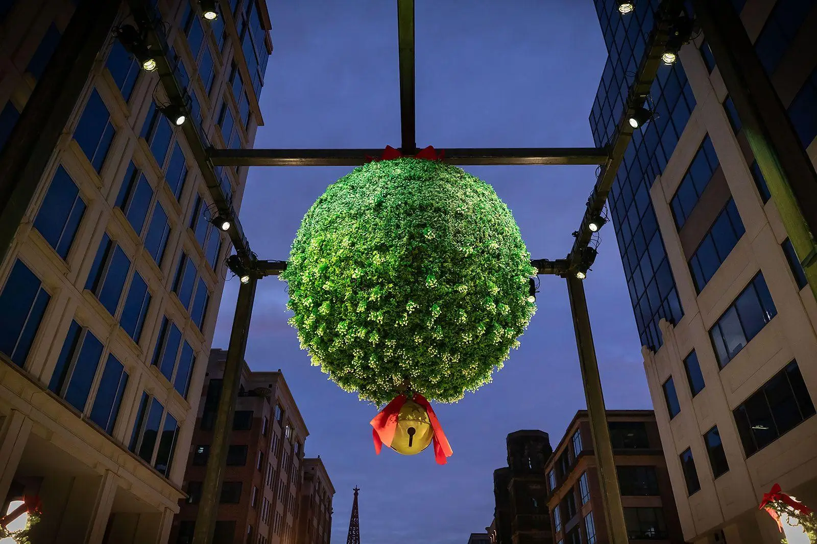 Beautiful photo of the giant mistletoe art installation at Anthem Row in DC, lit up under a dark night sky