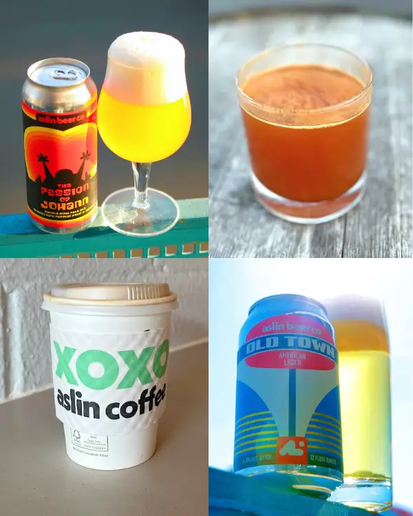 Multiple drink options you'll find at the Aslin Beer Company DC beer garden including the Passion of Johann and Old Town beers, plus a hot cider drink and coffee