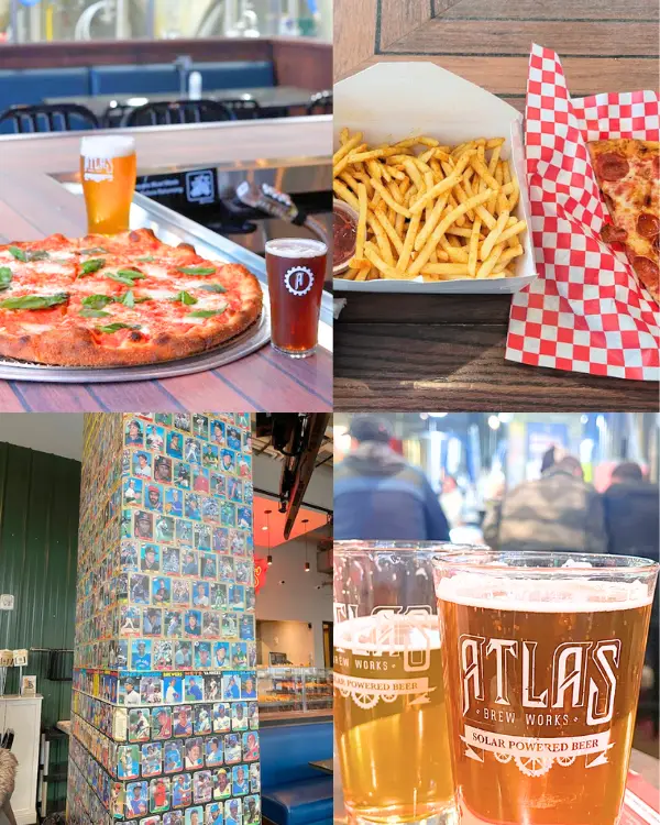 Four images from Atlas Navy Yard including a pizza, french fries, their baseball card collection which is displayed on a column within the restaurant and a few pint glasses of beer