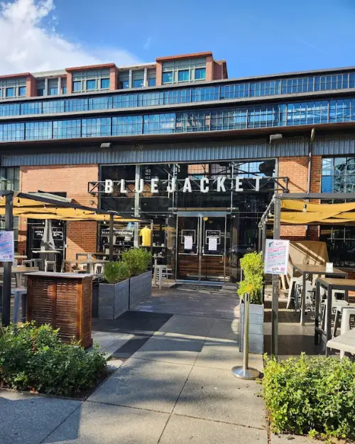 The outdoor patio and entrance of Bluejacket Brewing