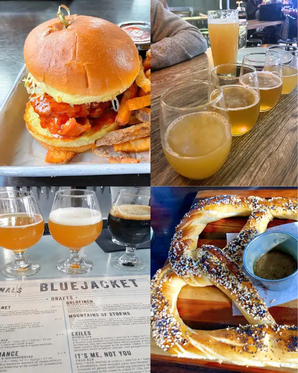 Collage of food and drinks at Bluejacket Brewing including a chicken sandwich, soft pretzel and of course beer