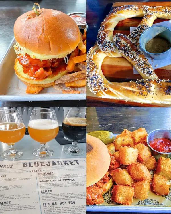 Collage of food and drinks at Bluejacket Brewing including a chicken sandwich, tater tots, pretzel and of course beer