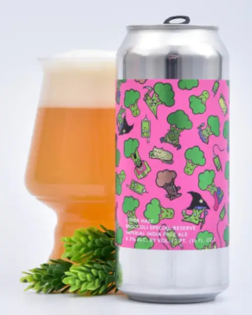 Broccoli beer can and poured into a pint glass, to show off one of Other Half Brewing's most well known beers