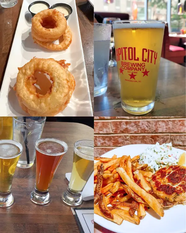 Photos of food and drinks at Capitol City Brewing DC including onion rings, crab cakes, draft beer and a flight of beer