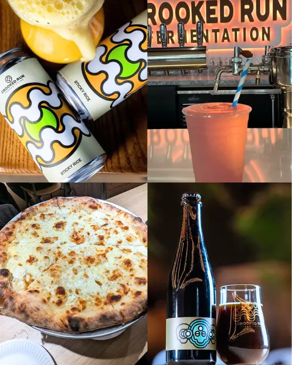 Drinks you'll find at Crooked Run Fermentation including Sticky Rice beer, a smoothie or mixed drink, pizza and all-natural wine