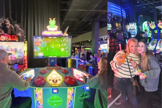 Cover image for the Dave and Busters Fairfax review blog, showing the Centipede game and my sister and I with our prizes