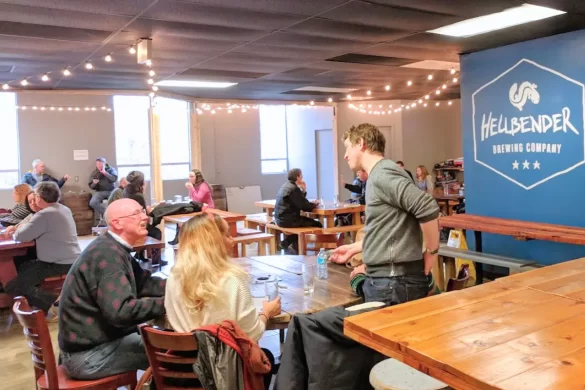 The indoor taproom at Hellbender Brewing Company