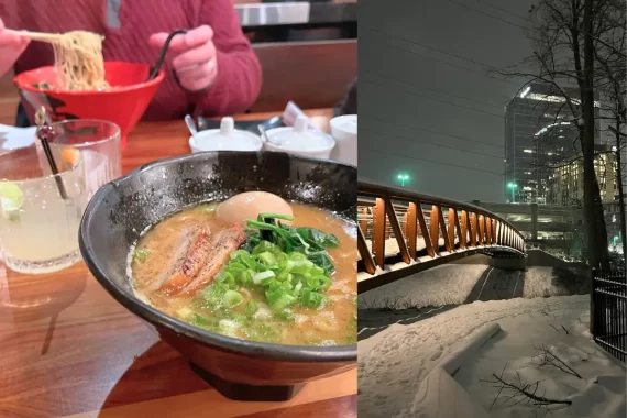 Cover image to the Jinya ramen bar Reston review blog, showing one of their delicious ramen bowls and a snowy walk to get there