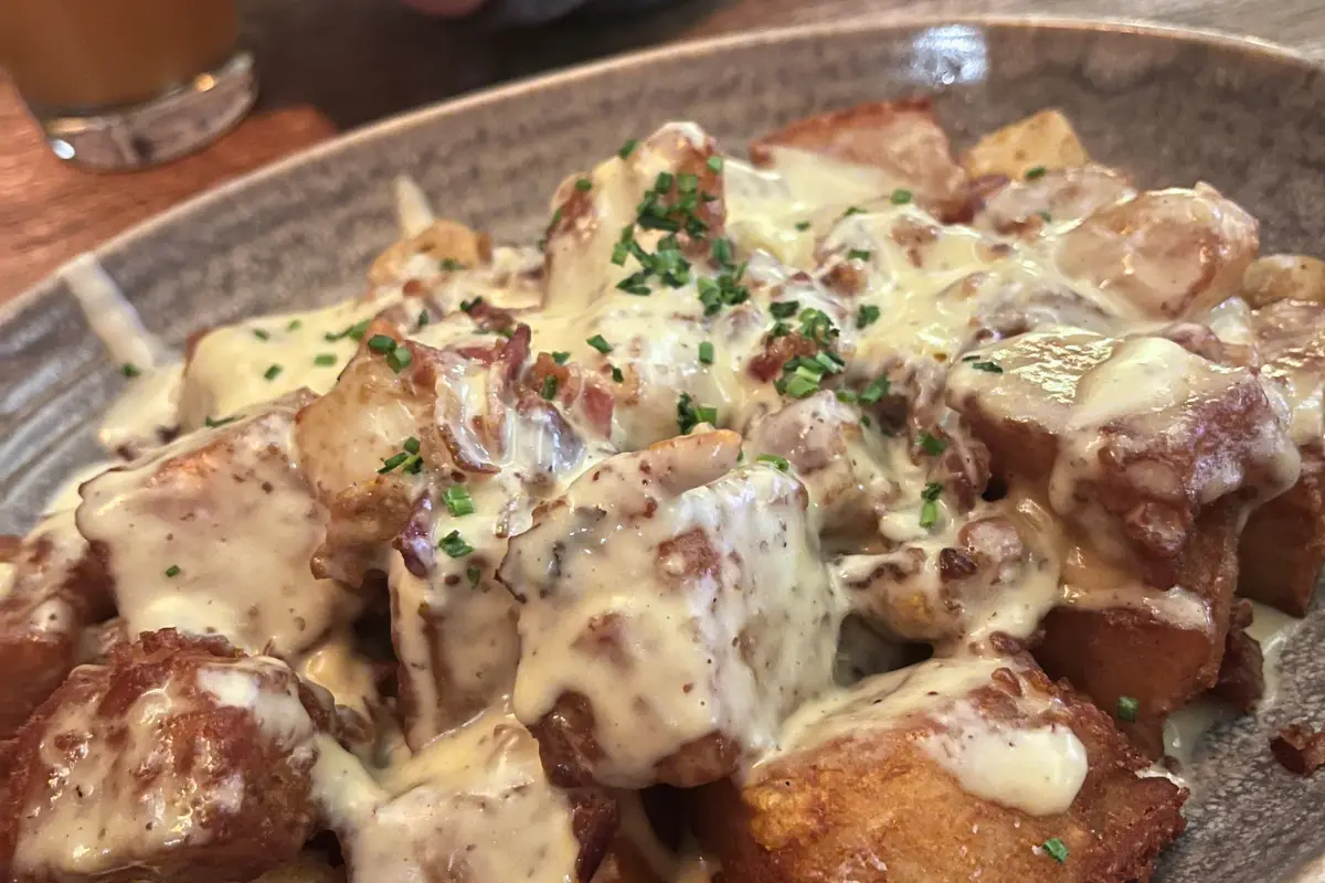 An up close photo of the poutine tater tots at Bluejacket brewery, which shows what a fantastic combined brewery and restaurant it is